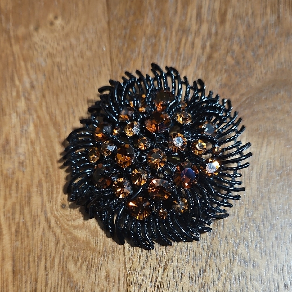 Vintage Black Brooch With Citrine Colored Stones by M. Jent